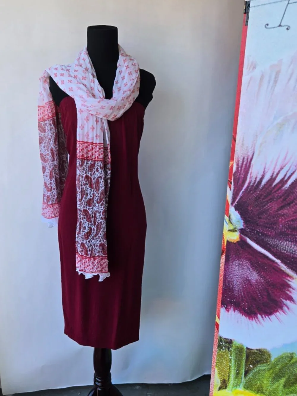 Red White Floral Boho Scarf Sheer Flowy Wrap Shawl Romantic Causual Evening